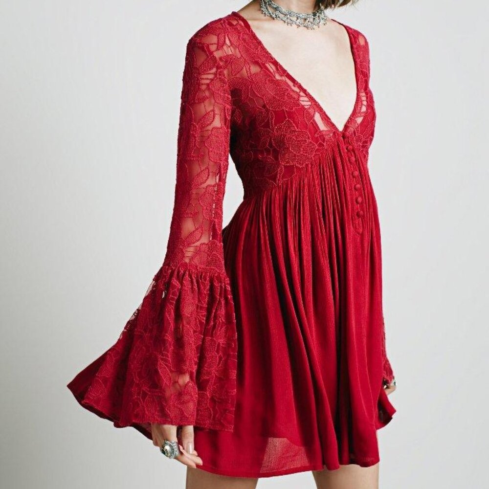 NWOT Free People With Love From India Lace Bell Sleeve Mini Dress Red Pink Sz XS